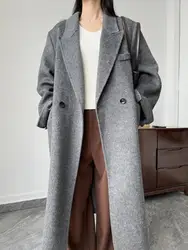 Office Lady Woolen Jackets 2024 Autumn And Winter Suit Collar Double Breasted loose Long Women's 100% Wool Coats