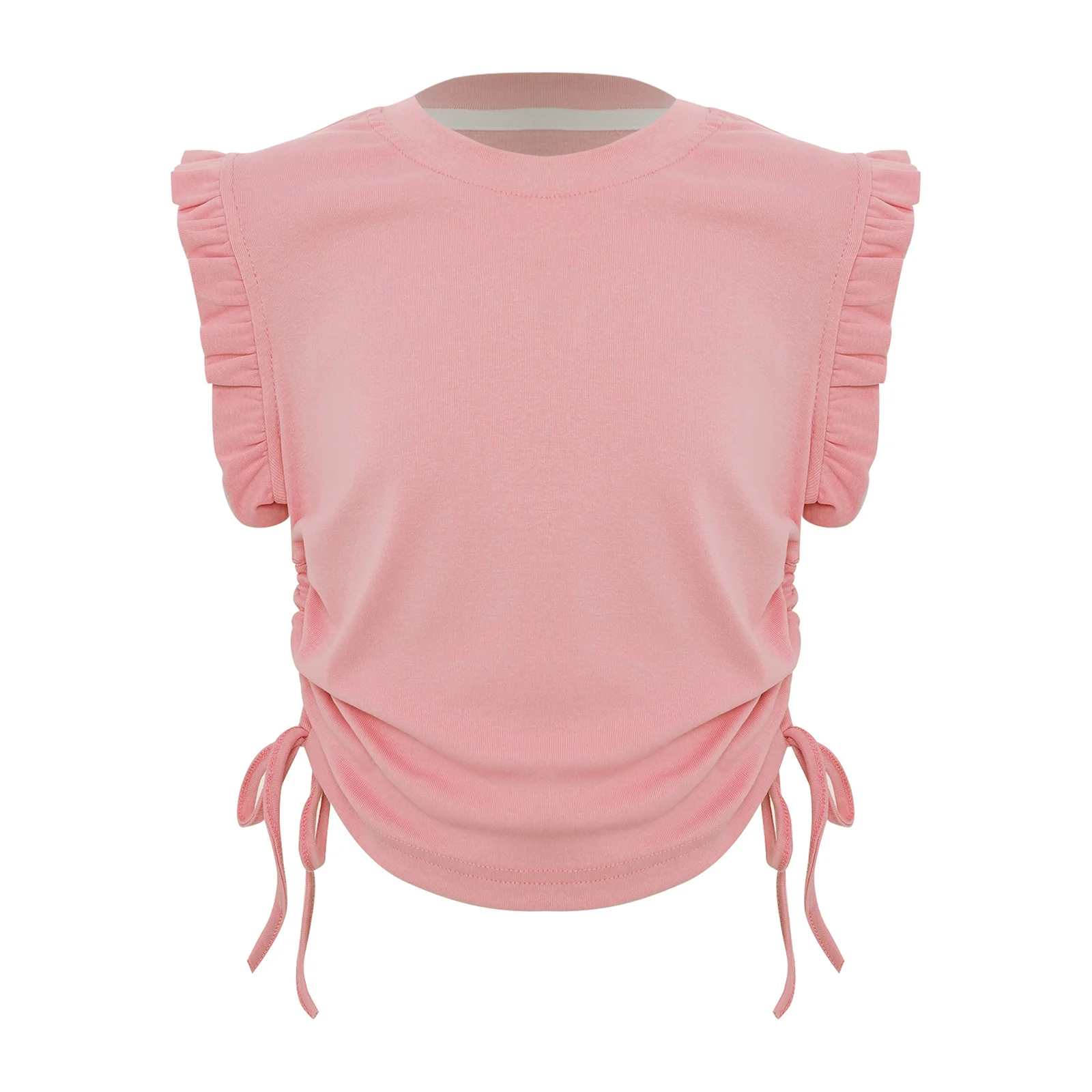 

Kids Girls Fashion Drawstring Shirt Vest Casual Ruffle Sleeveless Round Neck T-shirt for Vacation Beach Picnic Casual Clothes