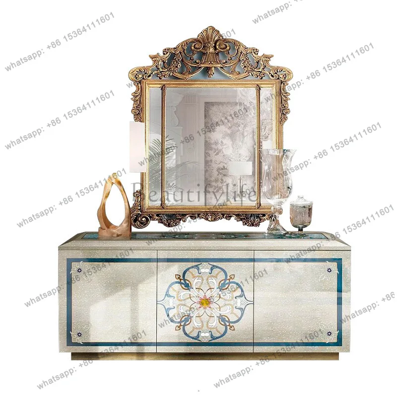 Large European shell parquet dining side cabinet French full solid wood carving flower restaurant locker