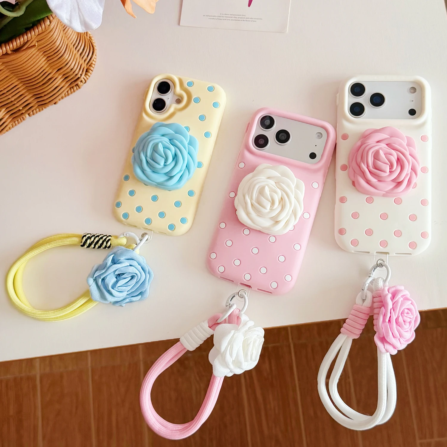 Cute 3D Rose Polka Dot Silicone Phone Case with Wrist Lanyard & Pop Socket, Protective Cover for iPhone 17 16 15 14 13 Pro Max