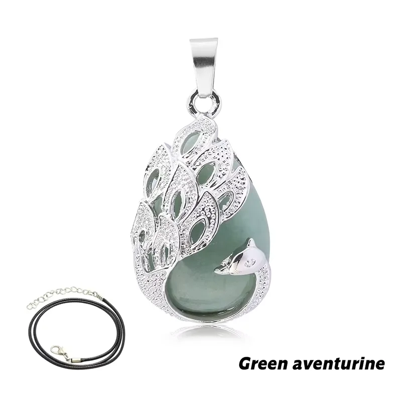 Water Drop Natural Stone Pendant Peacock Necklace Quartz Crystal Opal Tiger Eye Necklace Pendant for Women Men Jewelry Gift