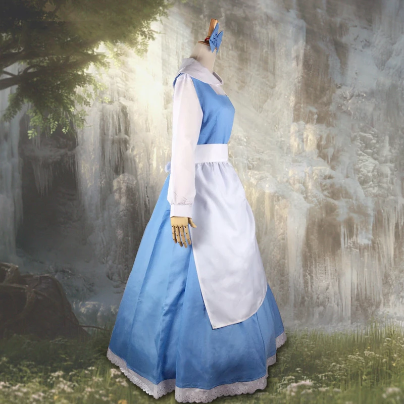 Beauty Cosplay Costume Maid Blue Dress Women Girls Princess Halloween Carnival Fancy Dress up Ball Gown Outfit and Headwear