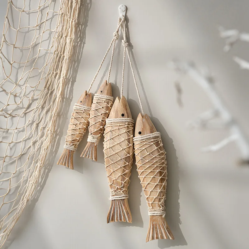 2pcs/set Hanging Wooden Blue Nautical Fish Beach Handmade Retro Wall  Ornament Country Fish Wood Antique Carving Small  String