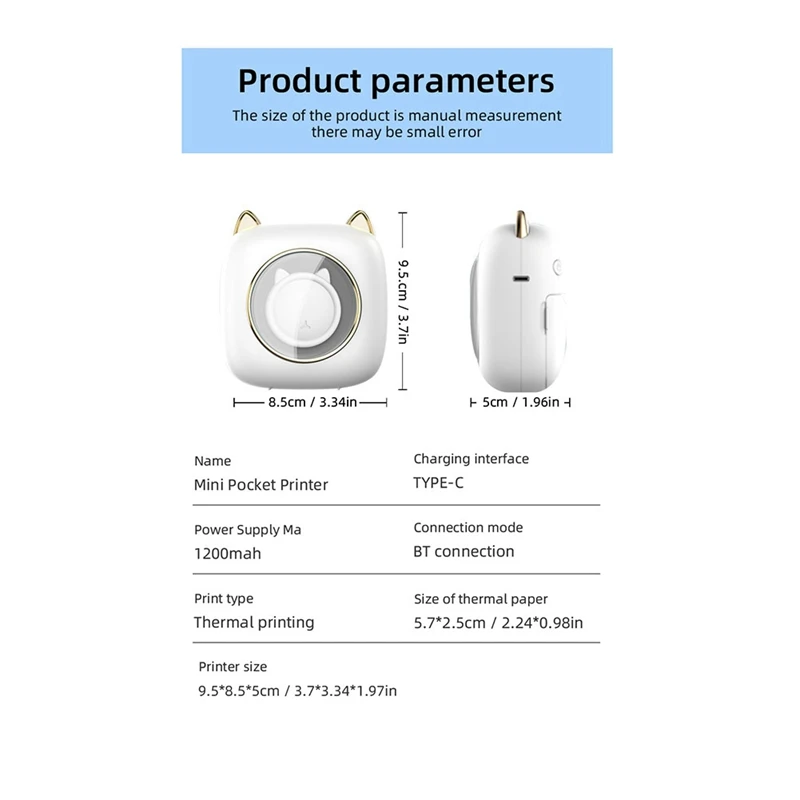 Mini Imprimante Thermique, Impression Photo, Sans Fil, BT, 200Dpi, Android, IOS, 57mm