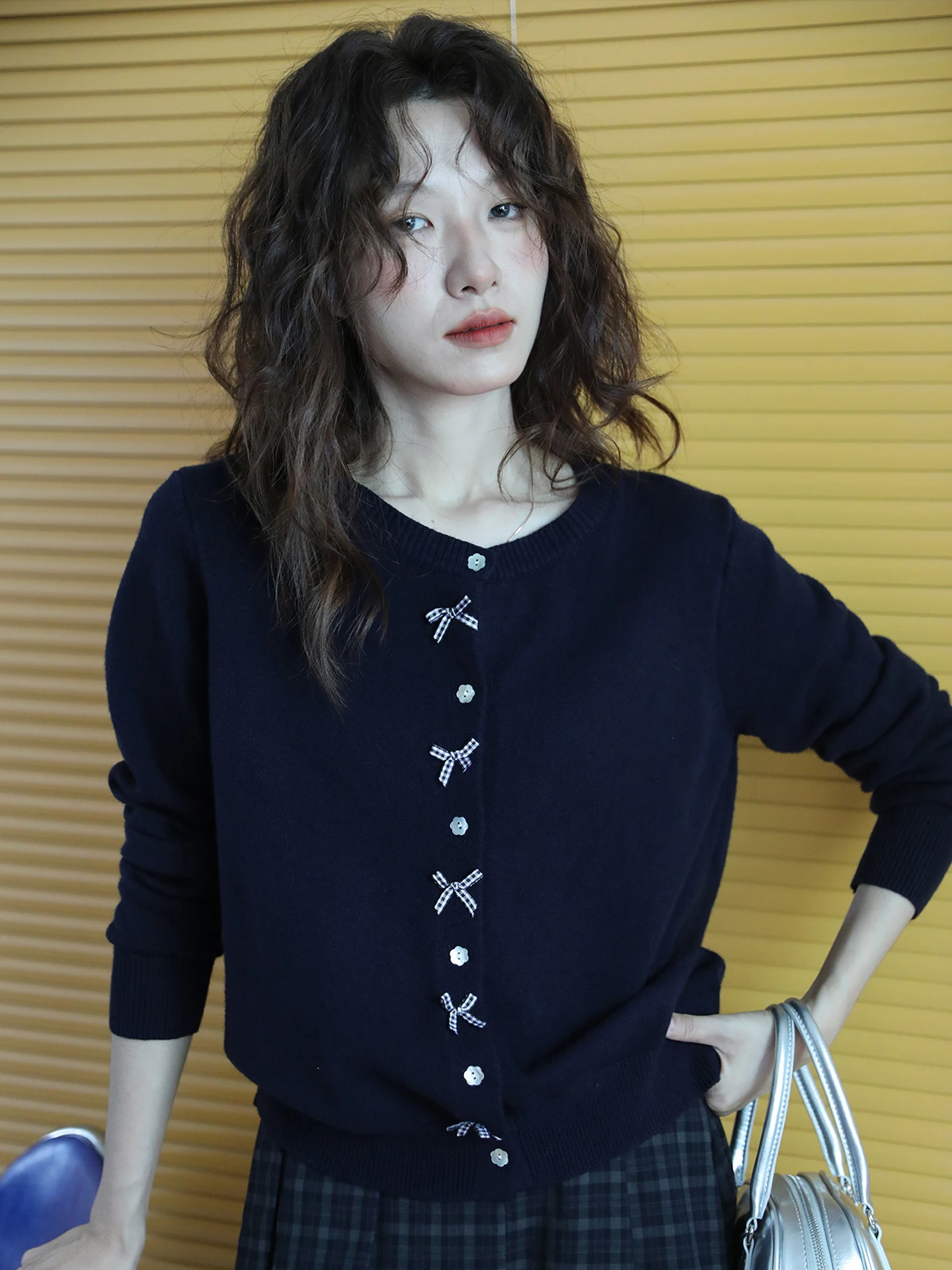 

Retro Loose Fit Long Sve Knitted Cardigan Knot Design Faionable Autumn Winter Blue Outerwear Soft Polyester Blend