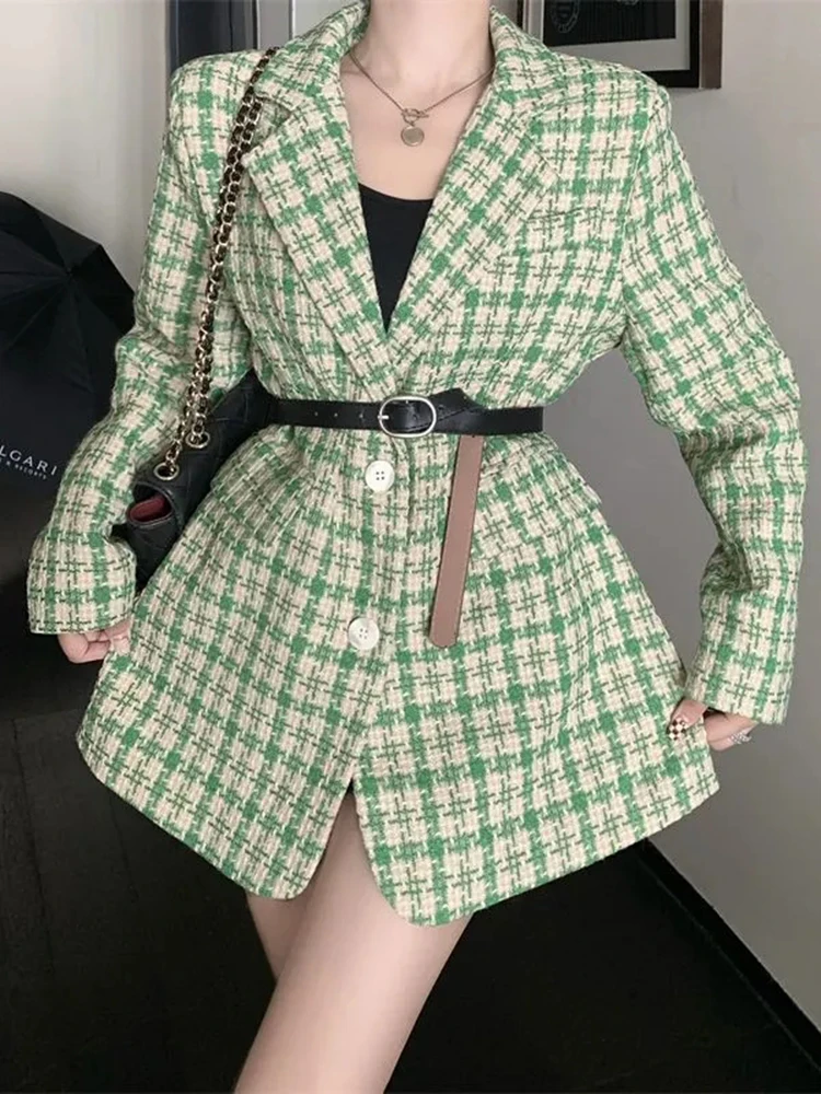 

Elegant Belt Plaid Blazer Coat Women Vintage Fall Winter Long Sleeve Sweet Suit Jacket Female Korean Casual Houndstooth Outwear