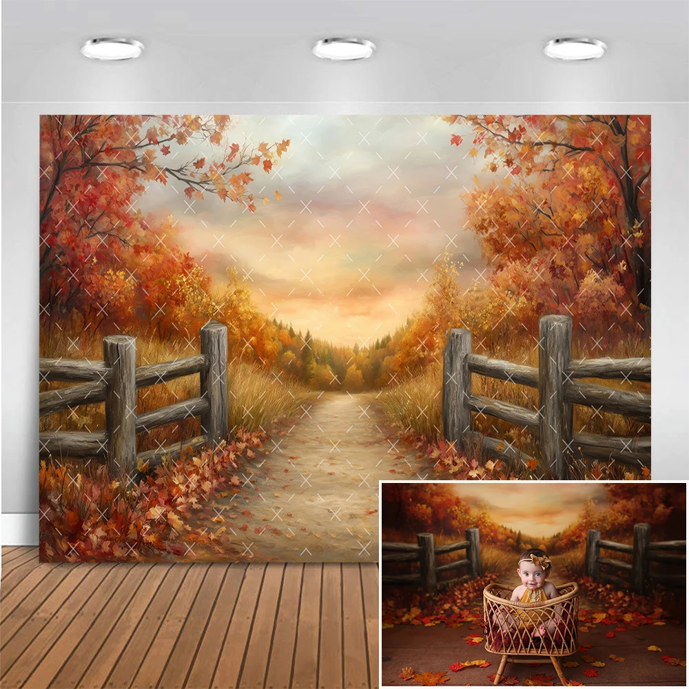 

Warm Autumn Day Photography Backdrop Kids Birthday Cake Smash Backgrounds Maple Forest Paths Photocall Photo Studio Props Banner
