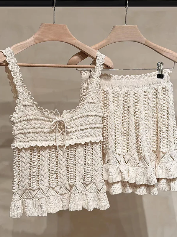 

Spring Summer 2026 New Sweet Spicy Holiday Style Hook Knitted Lace Trim Wheat Pattern Halter Short Skirt Women's Set