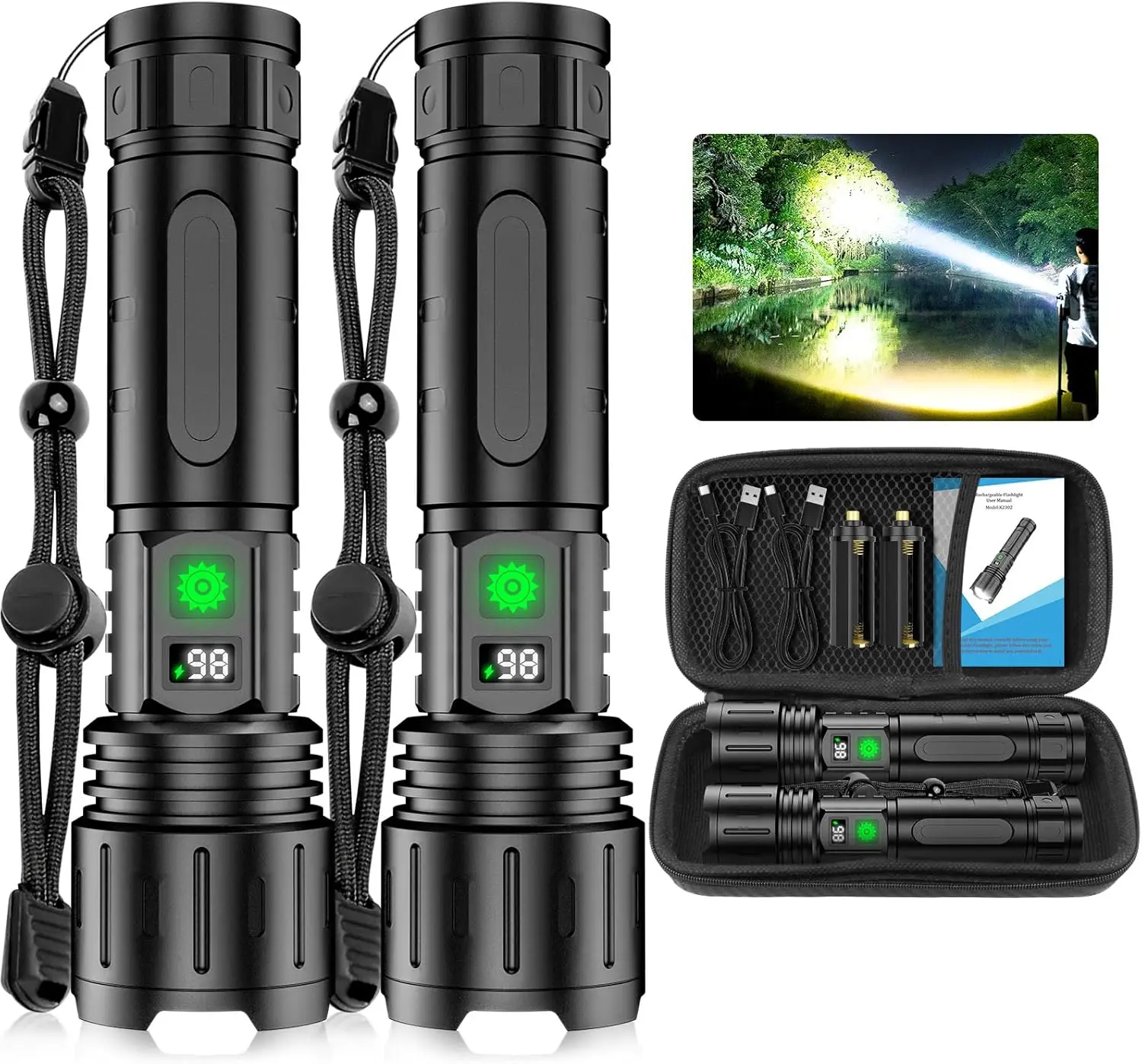 Super Bright Rechargeable LED Flashlight, 5000mAh Battery, 5 Modes, Waterproof, Zoomable with Power Display (2 Pack Black)