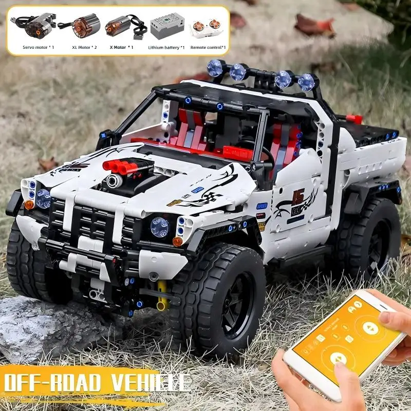 MOULD KING 18005 Technical Pick Up Truck MOC-2412 APP Motorized Silver Flagship Off-road Car Building Blocks Bricks Toys For Kid