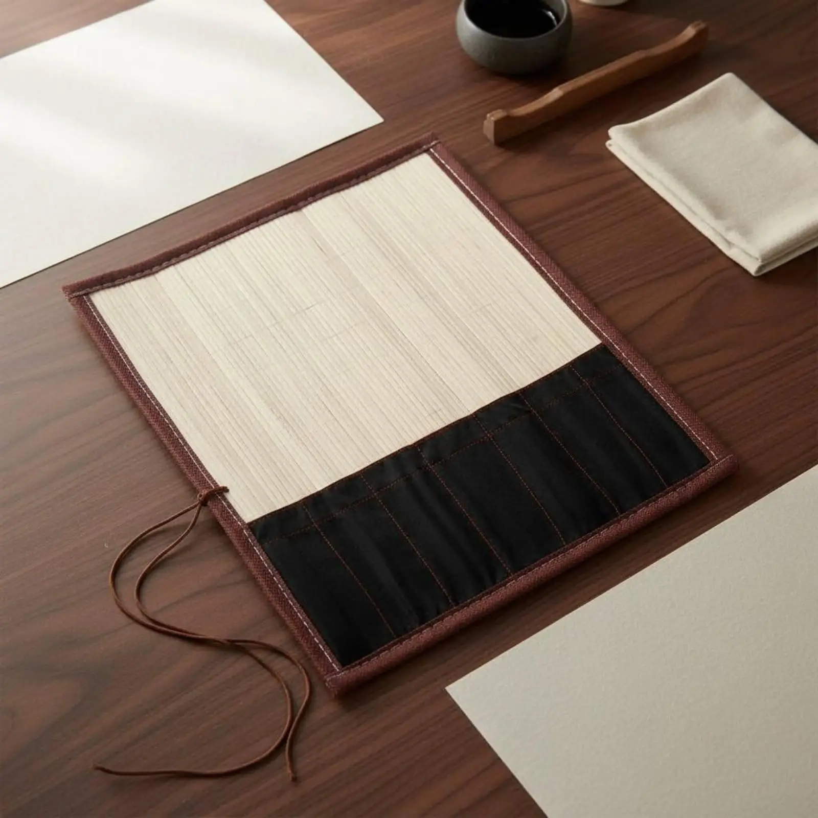 Compact Calligraphy Brush Organizer Roll with Lining for Artist Supplies Bamboo Cotton Linen Wrap