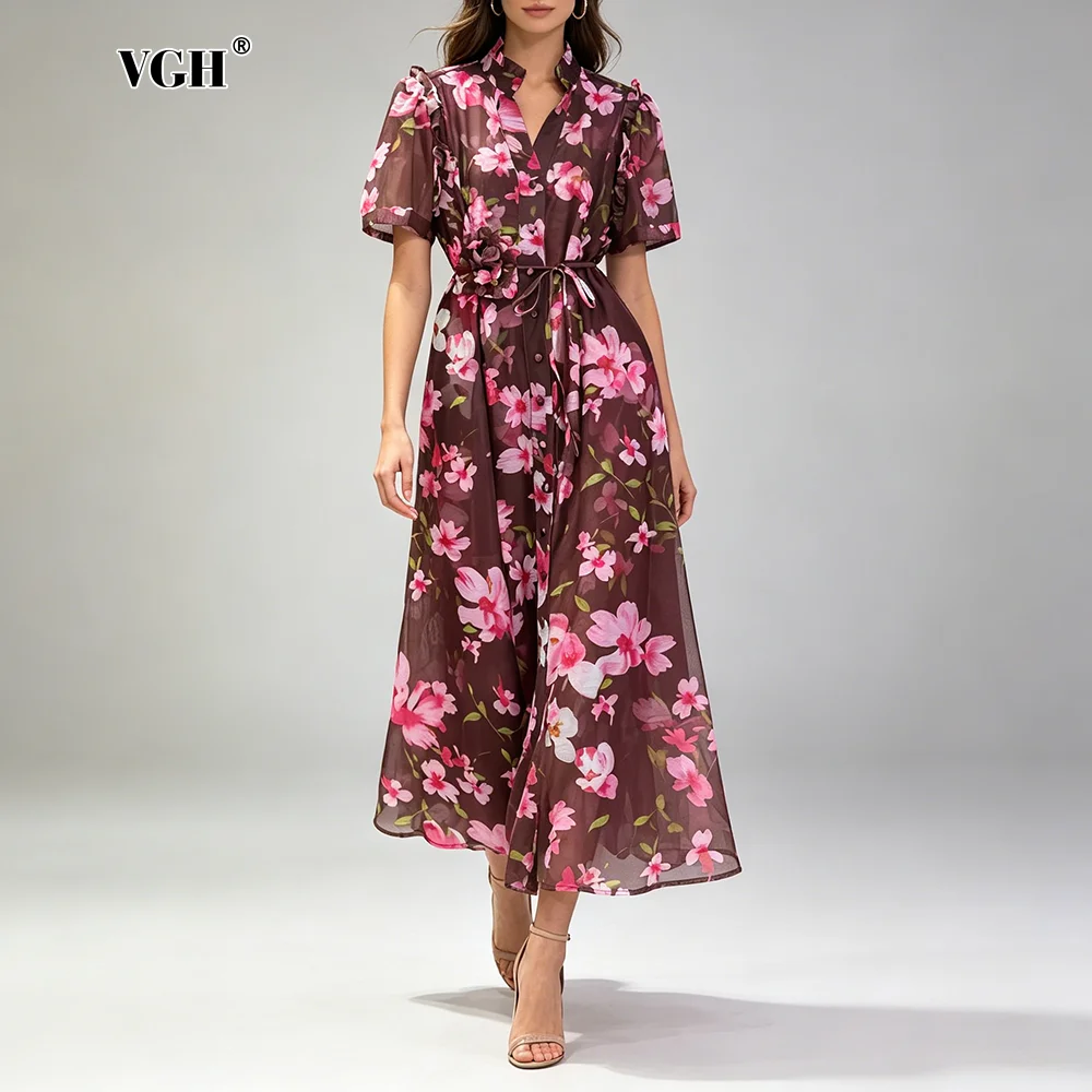 

VGH Boho Casual Travel Floral Print Sheer Fabric Dress for Women Lapel Short Sleeve Slim Skirt with Waist Tie for Everyday Wear