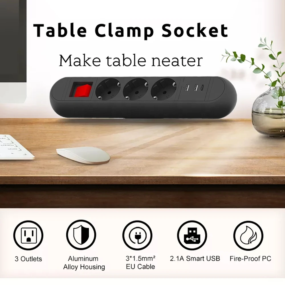 Melery EU Plug Sockets Power Strip Smart USB Type c Charge Germany Zacisk stołowy 3 gniazda 2 m Przedłużacz Kuchnia Biuro Biurko