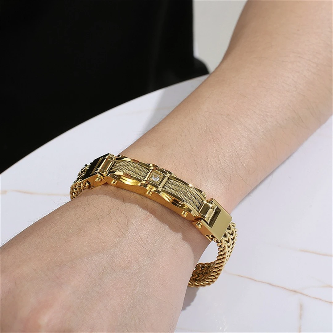 Fashion Personalized Creative Gold Color Stainless Steel Men's Inlaid Diamond Bracelet Hip Hop Punk Titanium Steel Men's Bracele