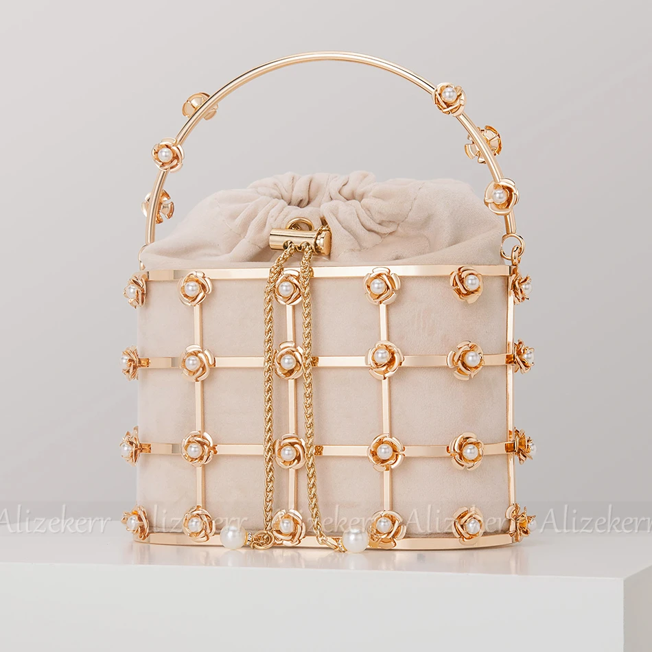 Women Metal Cage Evening Clutch Bags Bridal Luxury Hollow Out Velvet Metallic Flower Pearl Purses And Handbags Wedding Party