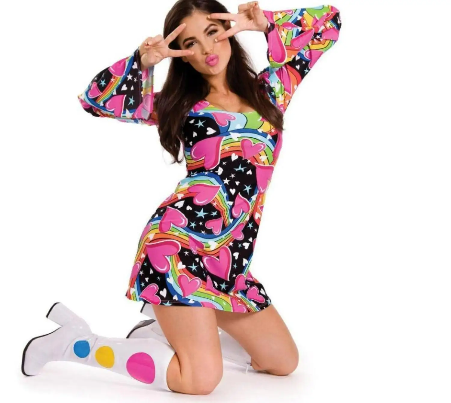 Happy Hippie Love Costume Women Dresses Costume Ladies 60s 70s Fancy Dress Outfit Disco Retro