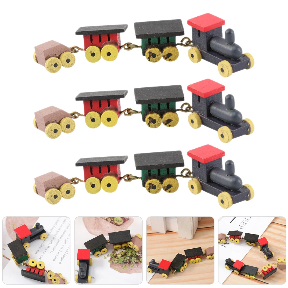 3 Pcs Pull-back Train House Mini Wooden Accessories Simulation Steam Child