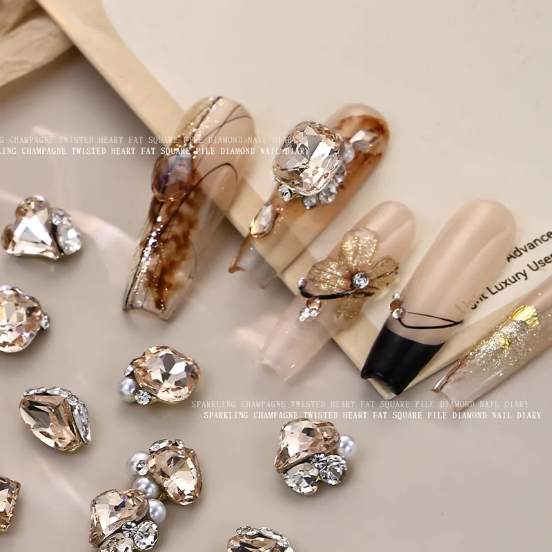 5Pcs Maillard Crystal Nail Rhinestones Shiny Light Coffee Slant Heart 3D Popular DIY Manicure Decor Ornaments