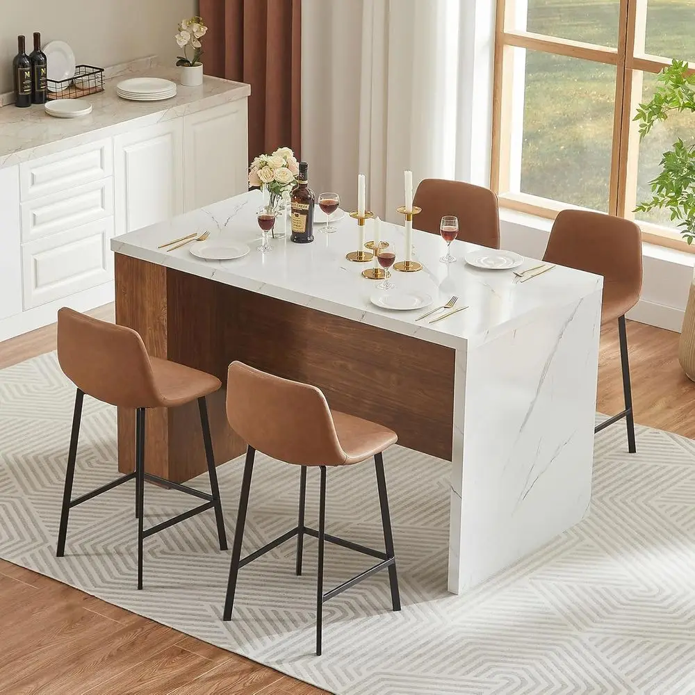 

61x31 Modern Marble-Look Kitchen Island with Storage, Power & LED Lights, Counter Height Dining for 4 (White)