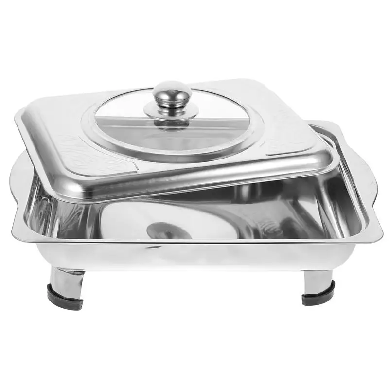 Stainless Steel Buffet Dish Dish Tray Rectangular Canteen Basin With Cover Four-Leg Support Tray Bright Tray Food Holding Plate