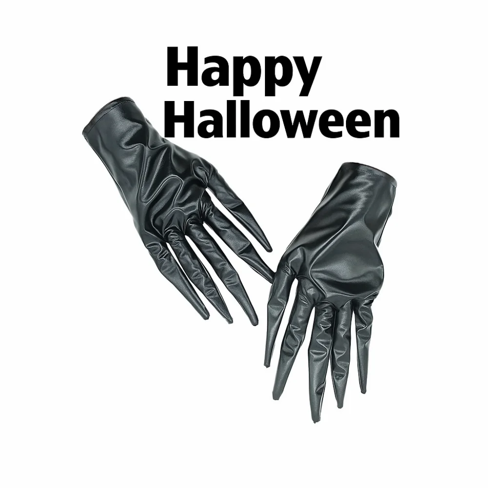 Slender Fingers Halloween Gloves Short PU Leather Ghost Claw Mittens Performance Prop Black Cosplay Costume Gloves Handwear