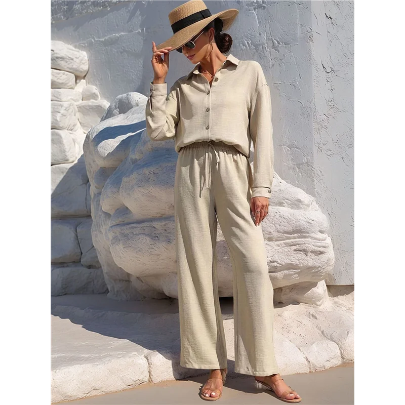 

Women's Summer Long Suit Two-Piece Shirt Top Trousers Casual Beach Vacation Two-Piece Sportswear