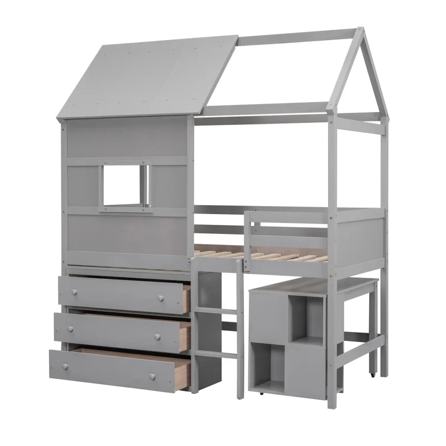 Twin Size House Loft Bed,Twin bed with Sturdy Wood Frame,Pullable Desk with Storage and 3 Drawer Chest,Safety Storage Kids Bed