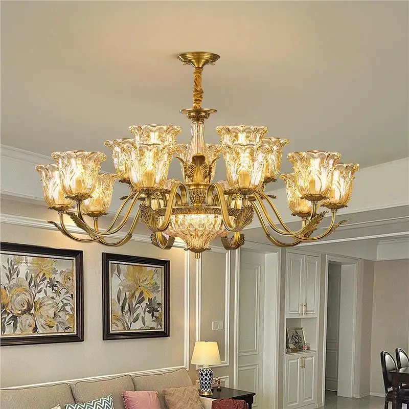 @All copper retro living room chandelier high-end dining room bedroom light villa duplex floor
