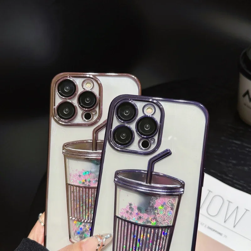 The New Electroplated Milk Tea Quicksand Cup Is Suitable for iphone14Promax Phone Case 13Pro with Lens Film 12 Protection Cover