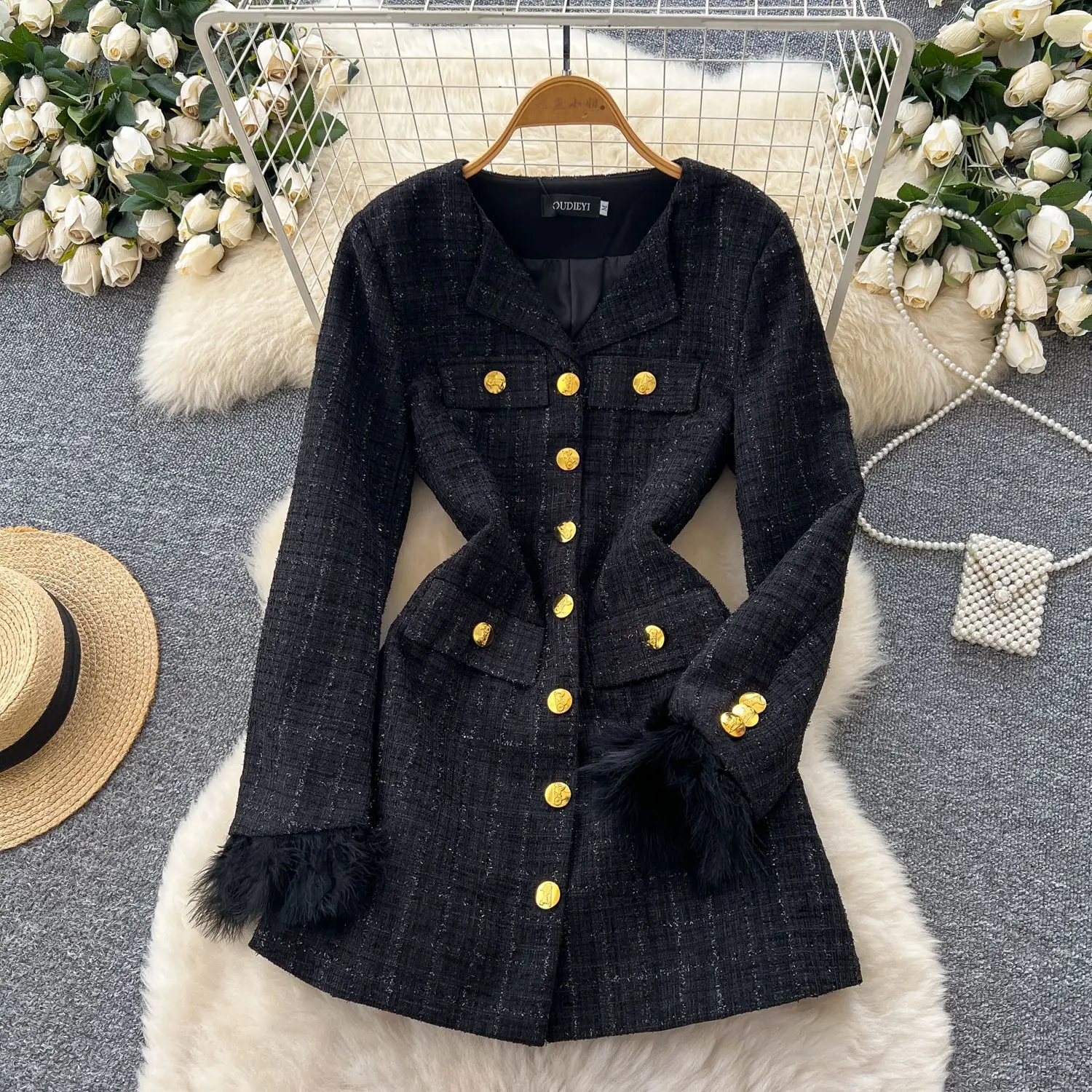 

Women Pleated Dresses Y2k Slim Dress Casual Feather Long Sleeve Notched Neck Button Empire Waist Single Breasted 2025 Party