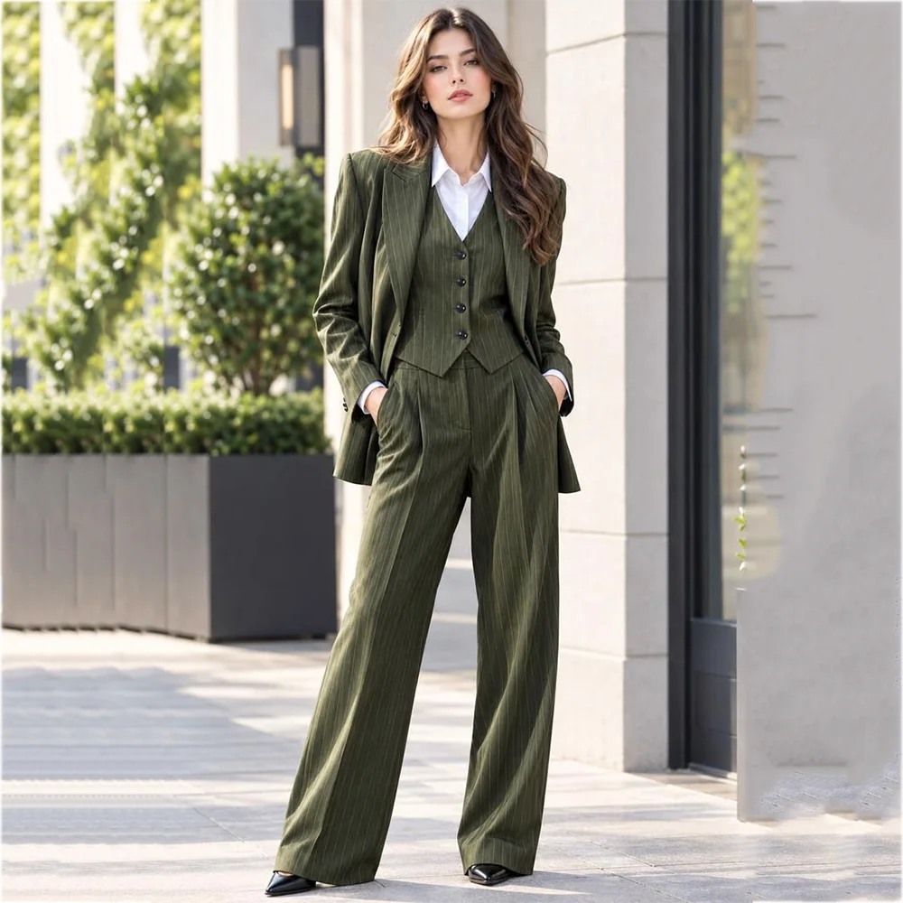 Modern Fashion Women's Suit Green Striped 3 Piece Peak Lapel Blazer Pleated Pants Straight Tailored Elegant Outfit Trendy 2026