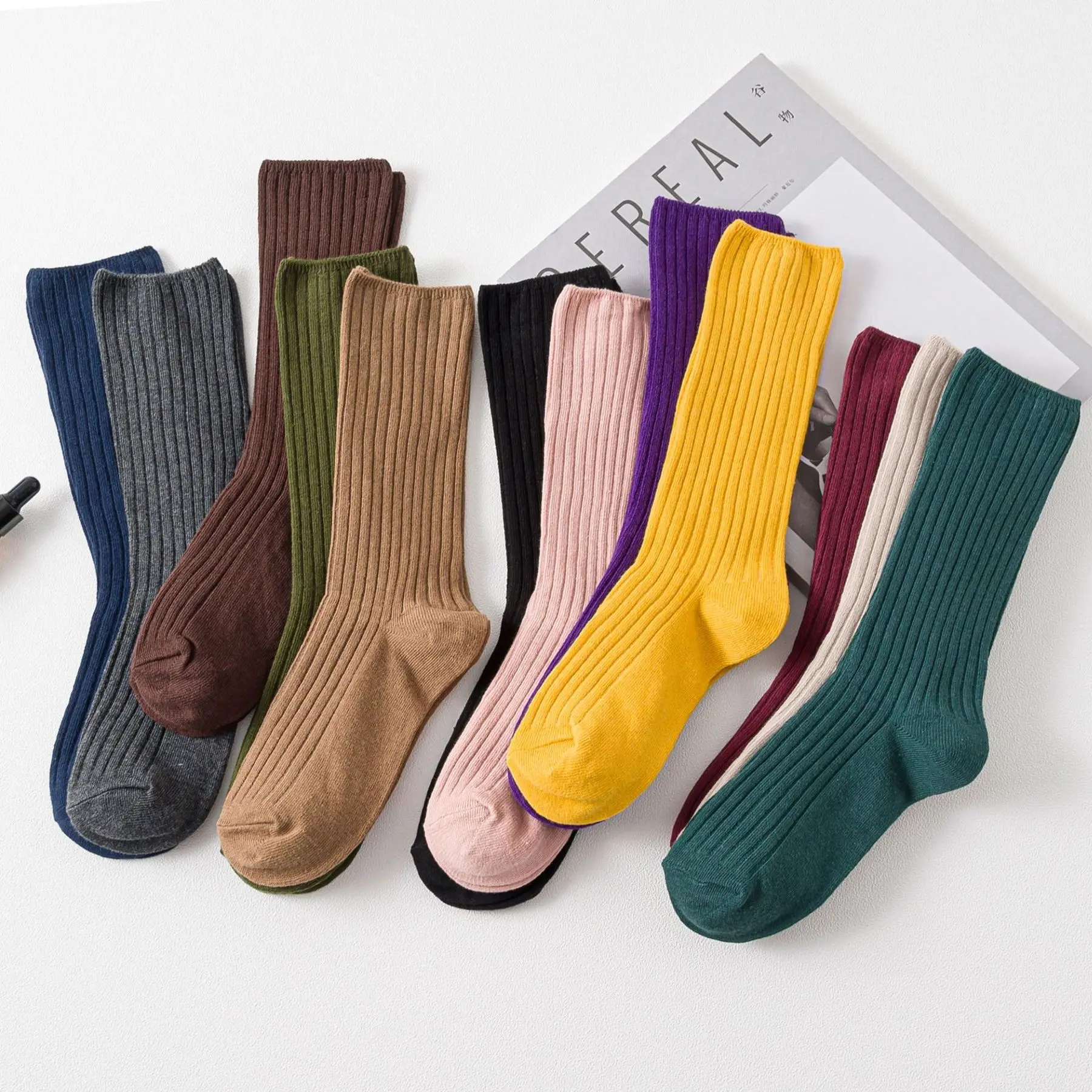 5 pairs solid ribbed crew socks women mixed color 4 seasons fit loose socks set daily basic sox