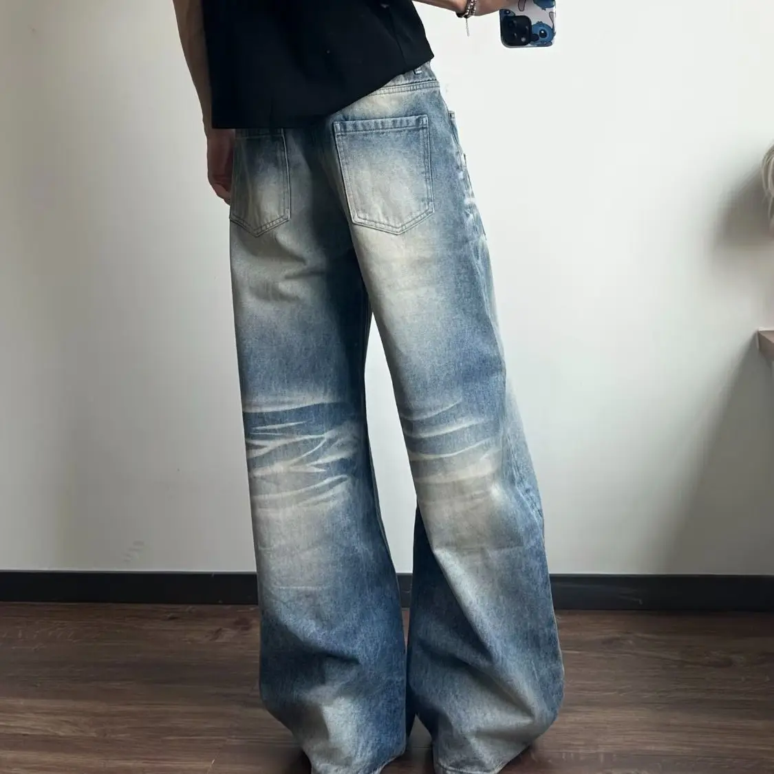 Men's Multi-pocket Design Blue Jeans Cool Boys Bottom Casual Pants Wide Legs Street Sweatpants Male High Waist Trousers