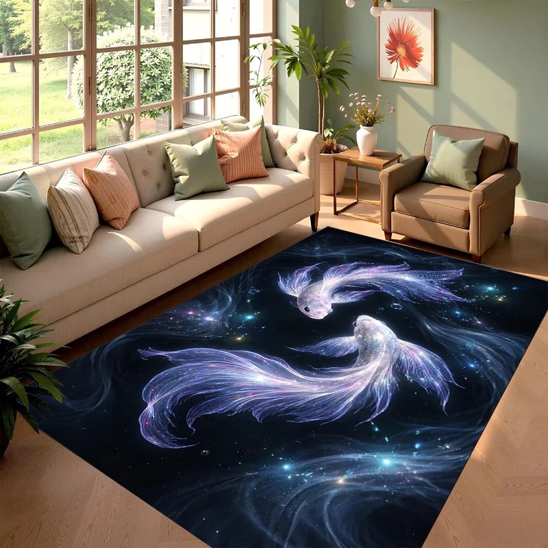 Galaxy Koi Fish Rechteckiger Teppich, geheimnisvoller Sternenhimmel, maritimes Muster, dekorative Bodenmatte für Wohnzimmer, Schlafzimmer, Heimdekoration