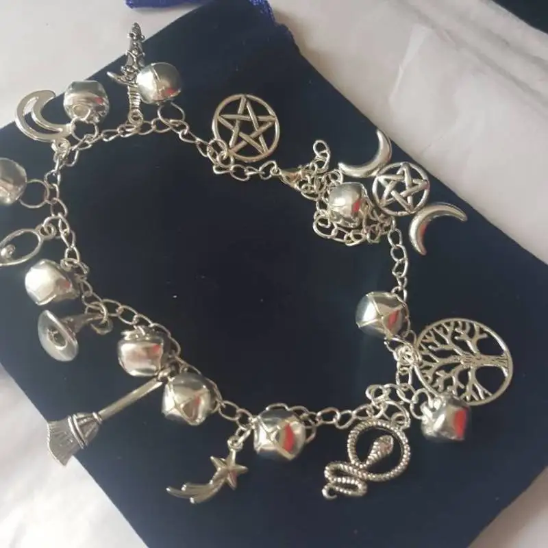 Silver Witches Anklet with Bells on to cleanse the path you walk Pagan Charm Bracelet