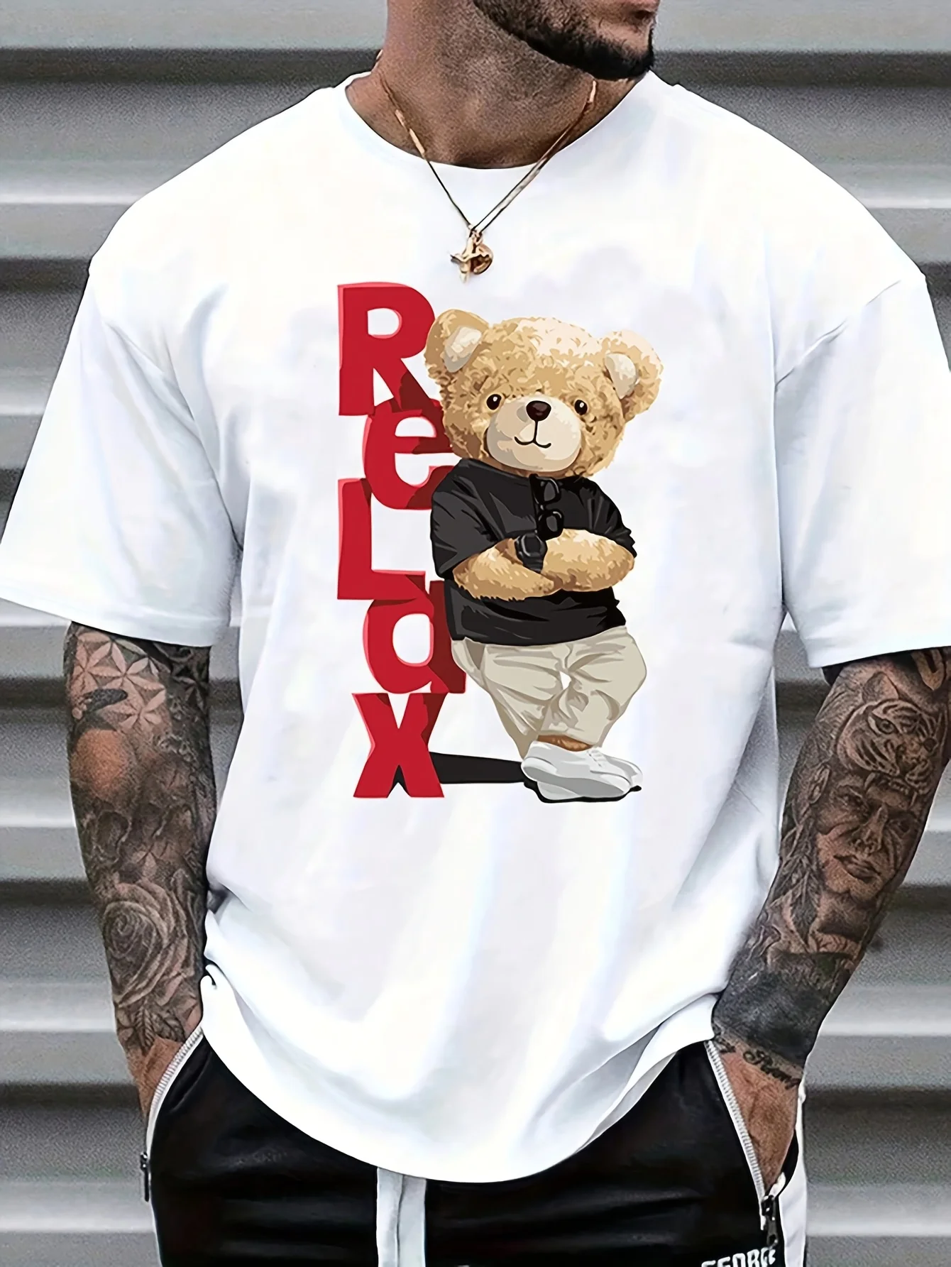 Men'S Casual Crew Neck T-Shirt, 100% Cotton, Slight Stretch Knit Fabric, Regular Fit, 180g, Relax Teddy Bear Graphic Tee