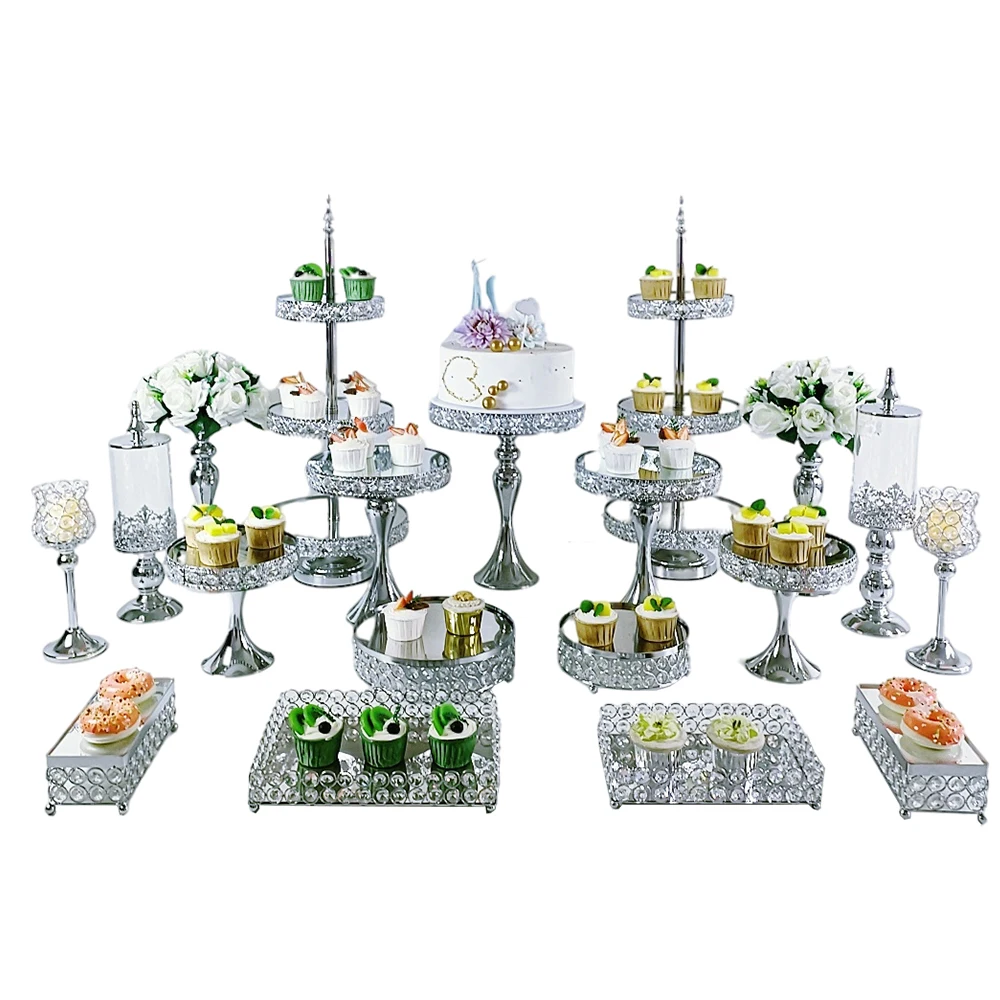

4Pcs-19Pcs/lot Gold Silver Cake Stand Set of Metal Mirror Cake Stand Cake Pedestal with Crystal Pendants and Beads Cupcake