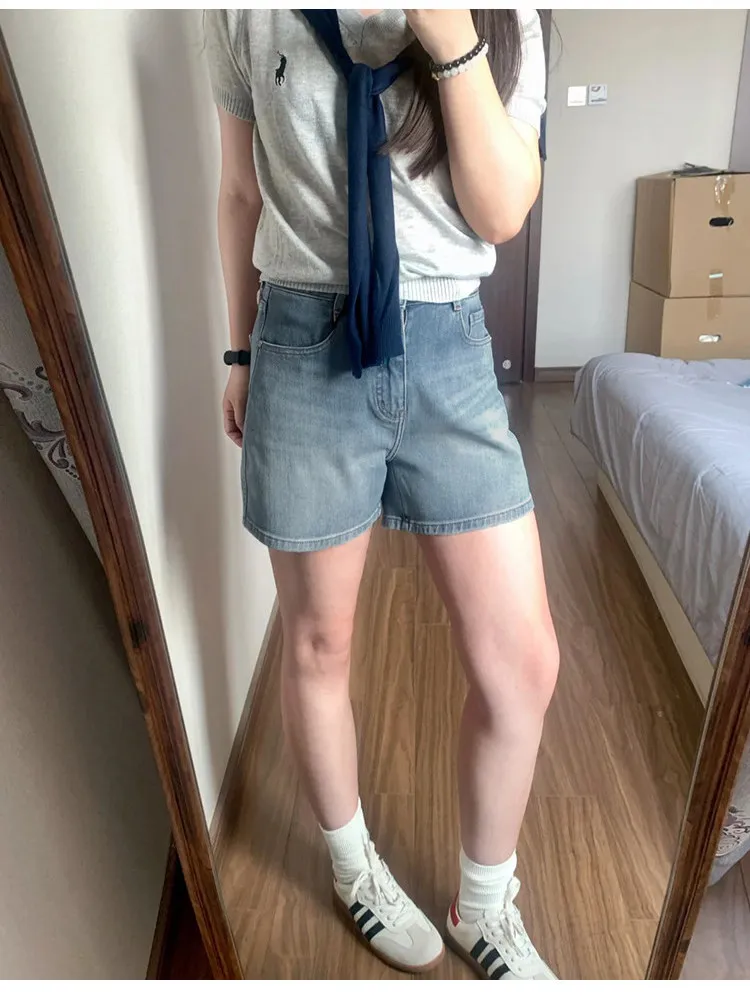 Retro High Waist Denim Shorts Women Summer New Style Pear Shape plus Size Loose Slim A-Line Wide Leg Pants Casual Comfortable