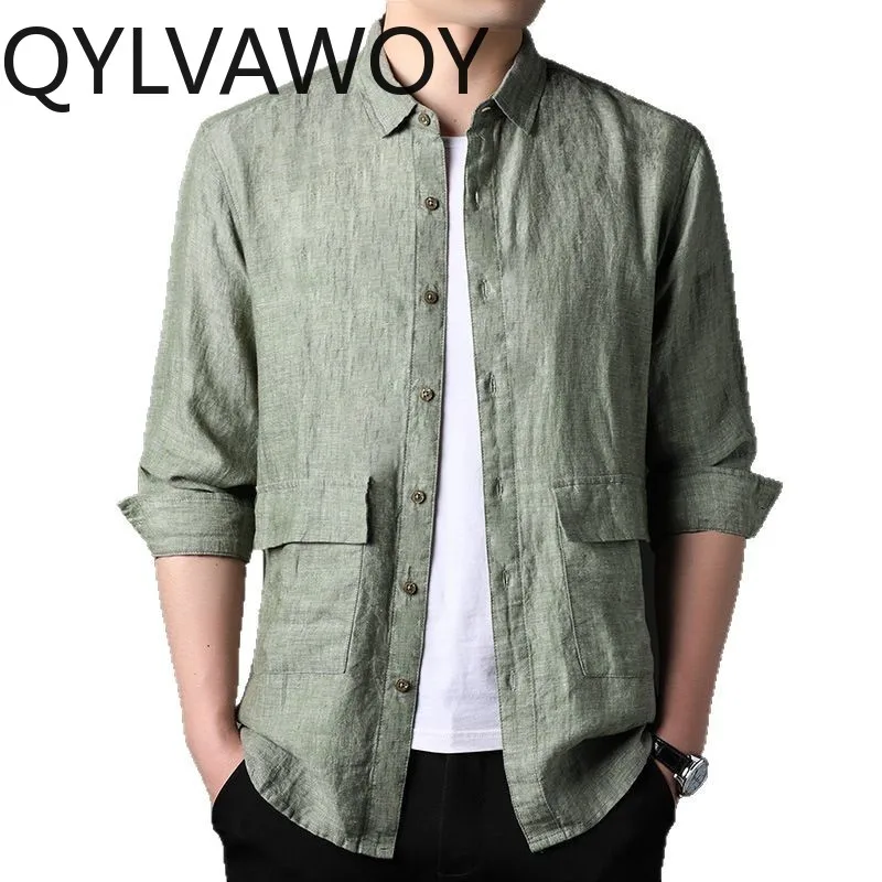 

QYLVAWOY 100% Pure Flax Men's Shirts Long Sleeve Shirt Spring Summer Shirts for Man Breathable Tops Man Clothing Chinese Style