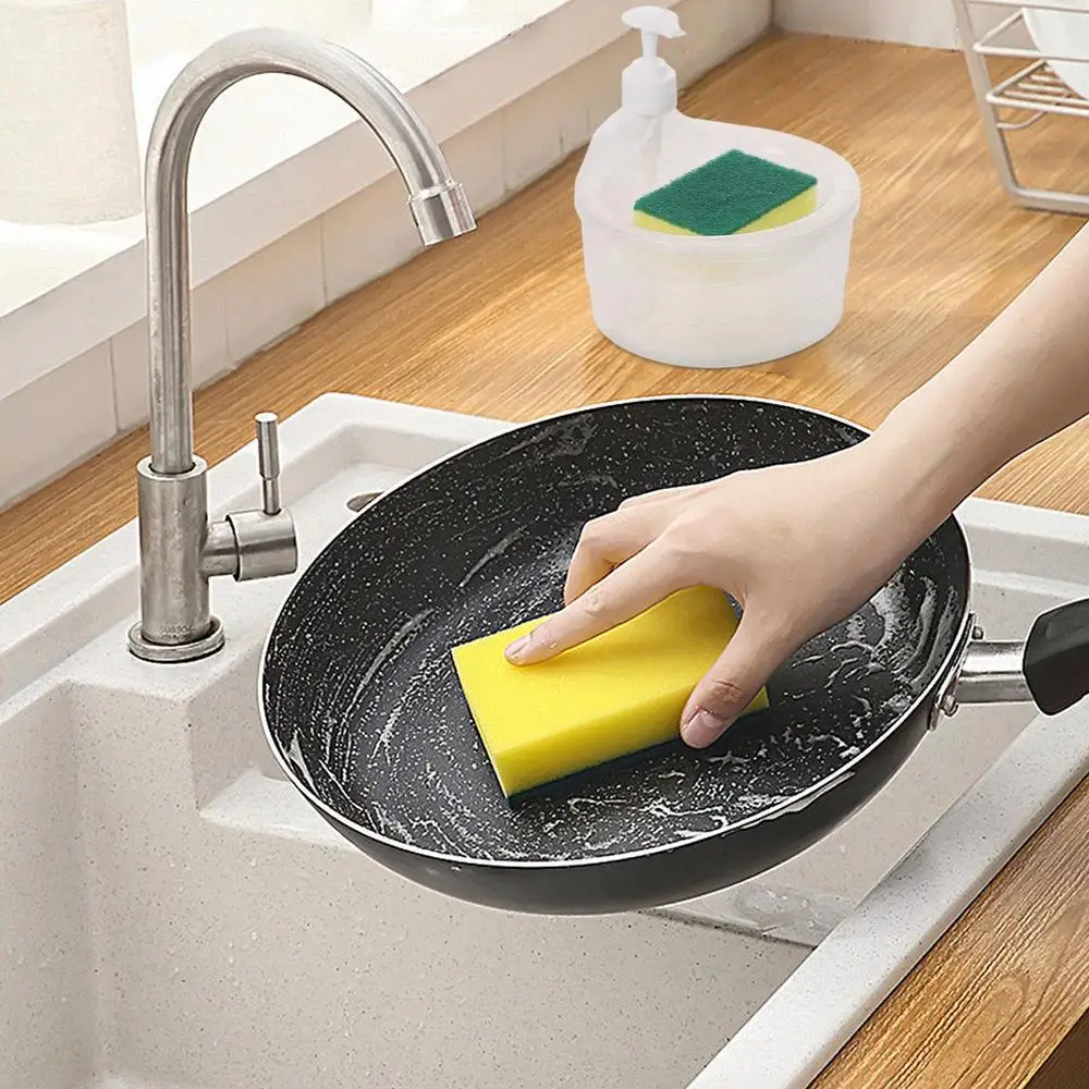 Soap Dispenser And Scrubber Holder Manual Press Detergent Container Dish Washing Soap Dispenser With Sponge For Bathroom Kitchen