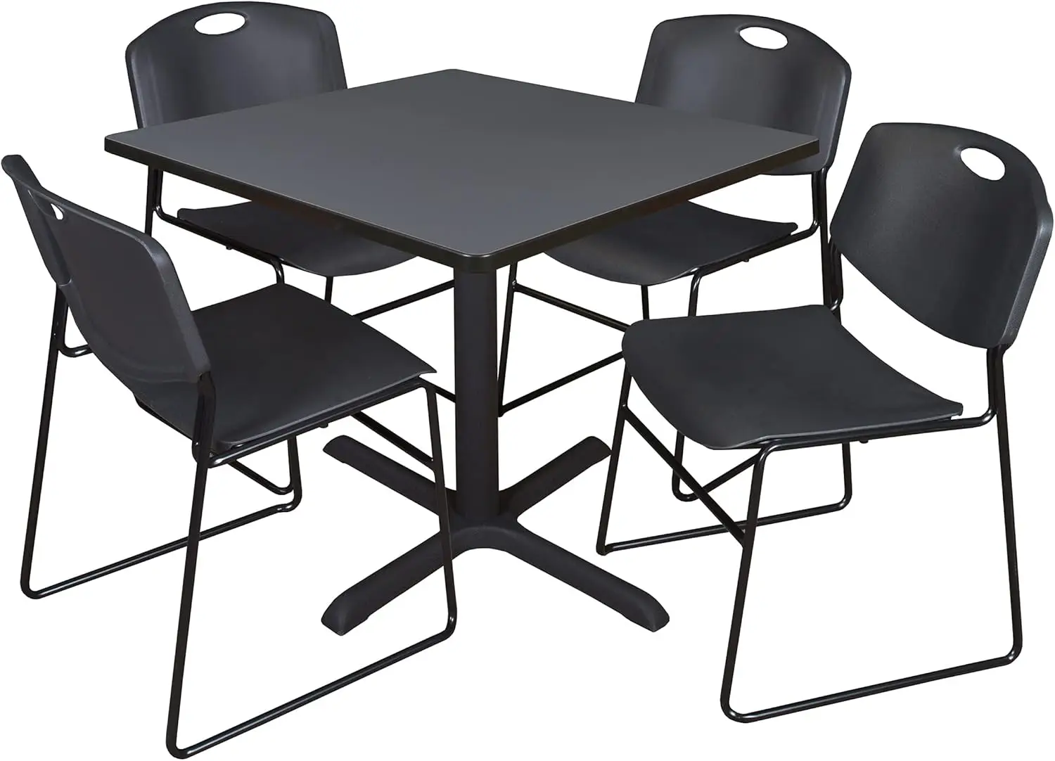Cain 36"" Square Breakroom Table- Grey & 4 Zeng Stack Chairs- Black