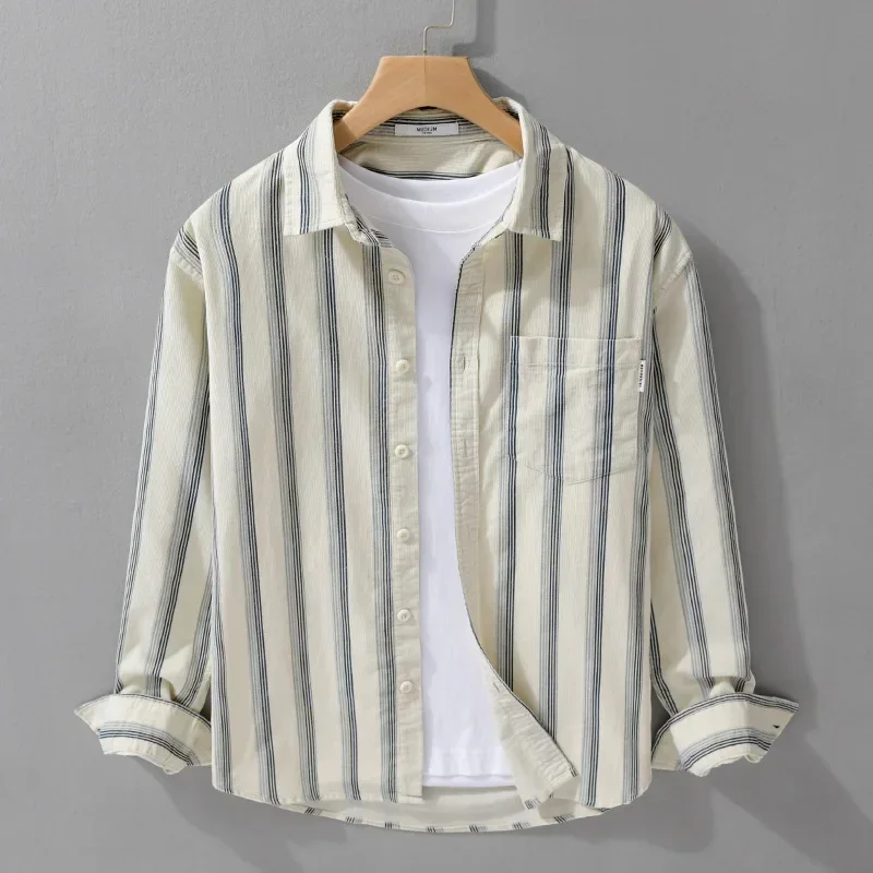 

Japan Corduroy Vintage Shirt Men Daily Pure Cotton Long Sleeve Shirts Man Autumn New Striped Shirt with Pocket Casual Clothing