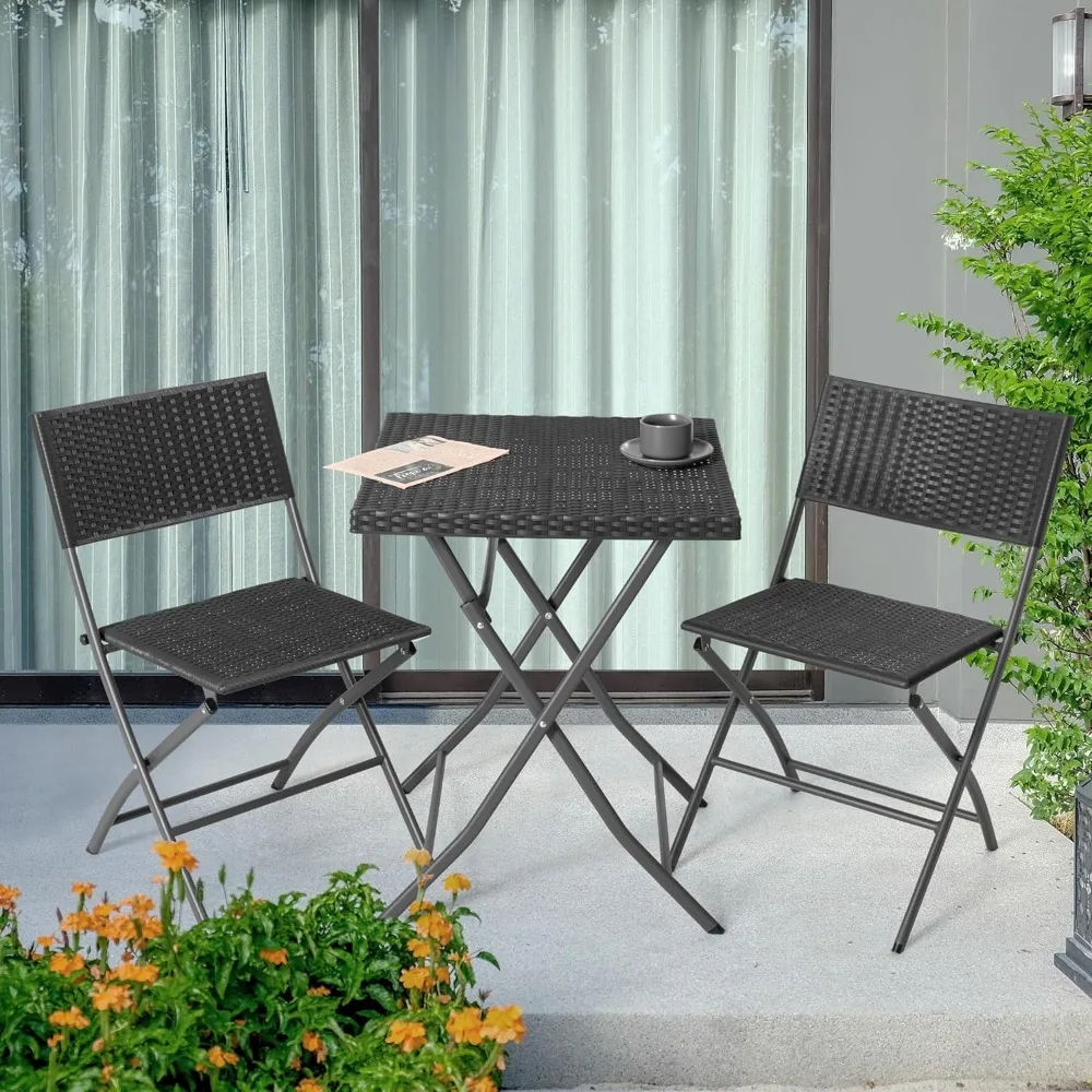 3-Piece Outdoor Folding Set, Weather-Resistant Rattan Folding Table and Wicker Patio Chairs for Indoors and Outdoors, Backyard,