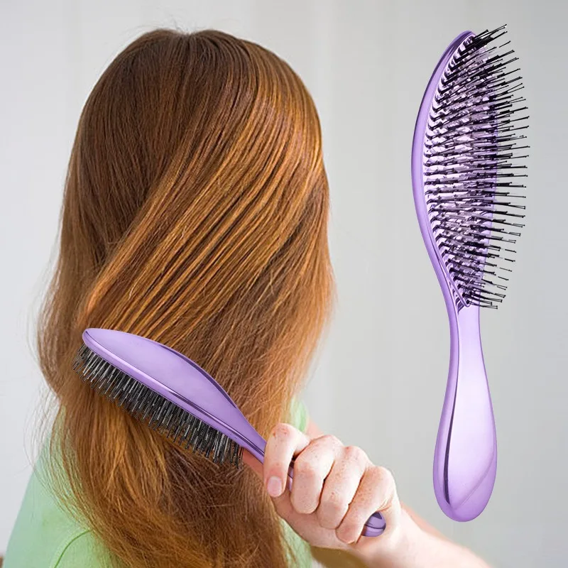 1Pc Scalp Cleaning Fluffy Comb - Golden And Rose Golden And Silvery Electroplated Hair Comb, Ergonomic Handle Suitable For Wet/