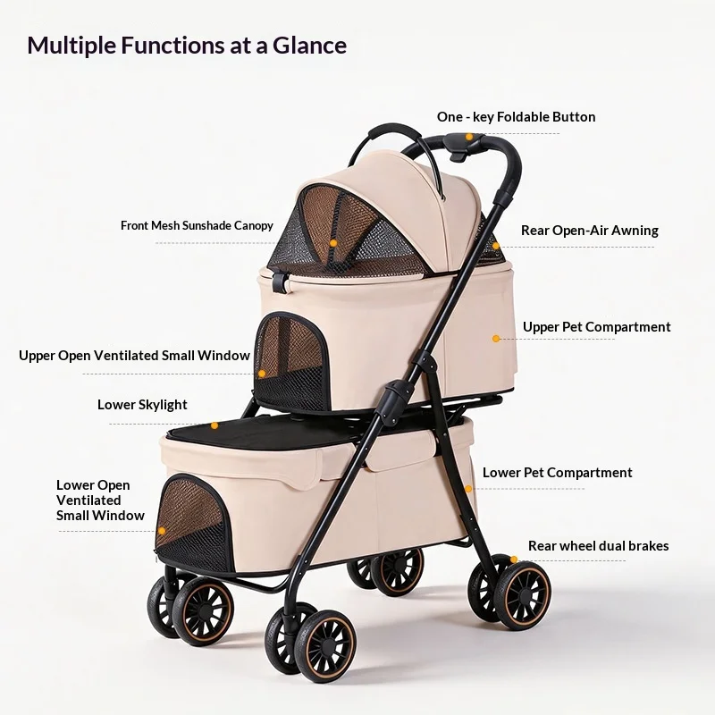 Double-layer Metal Pet Stroller for Two Dogs or Cats; Lightweight Foldable Detachable Handcart for Small Breeds