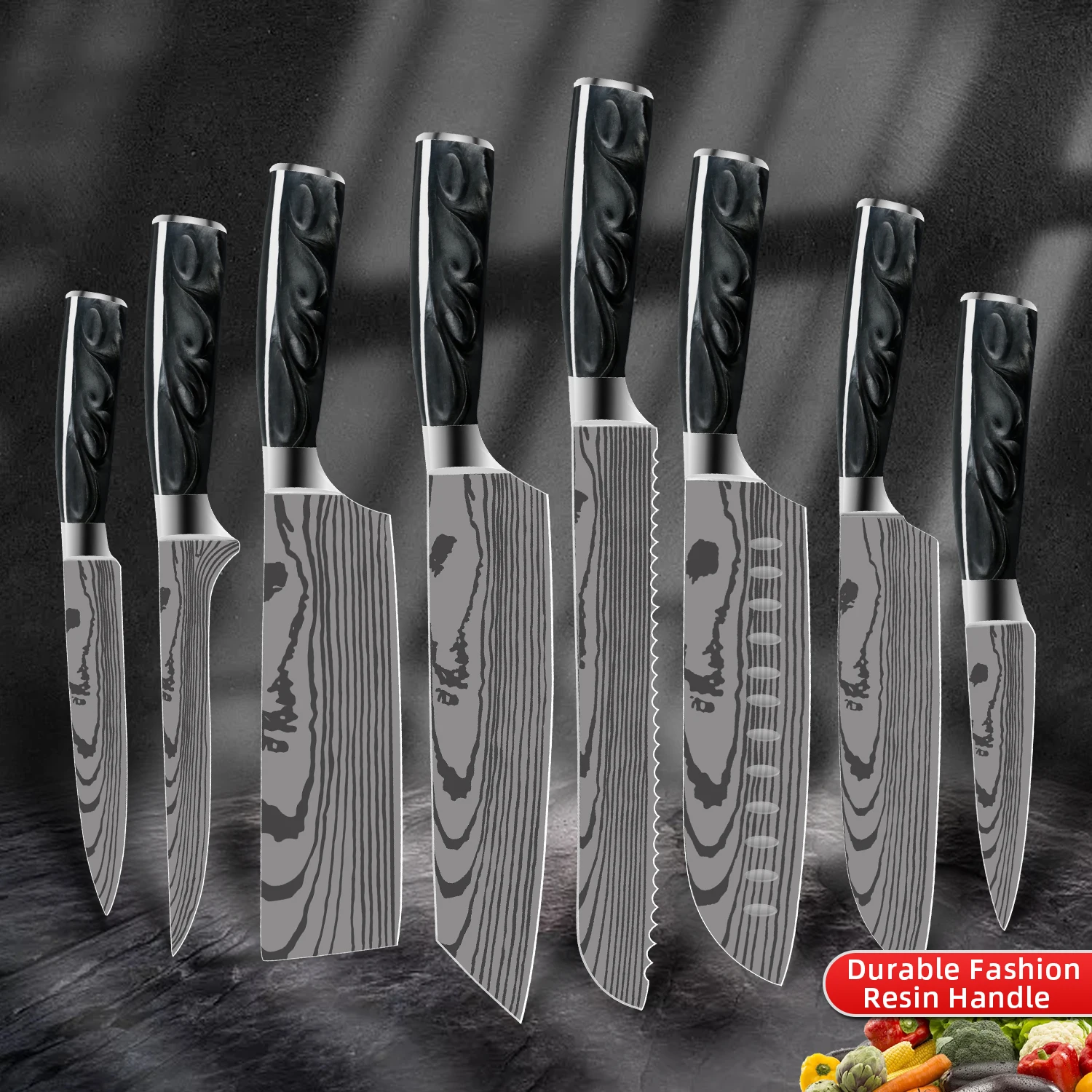 Küchenmesser Japanisches Kochmesser Damaststahl Laser 7CR17 Fleischbeil Santoku Metzgermesser Kochutensilien für Fisch Gemüse