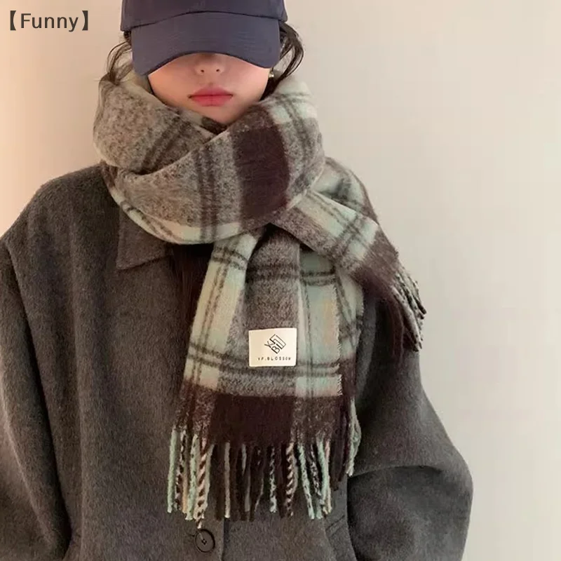 〔Lucu〕 Syal Pasangan Baru Musim Gugur dan Musim Dingin Syal Tebal Hangat Wanita Syal Leher Kotak-kotak Gaya Retro Santai