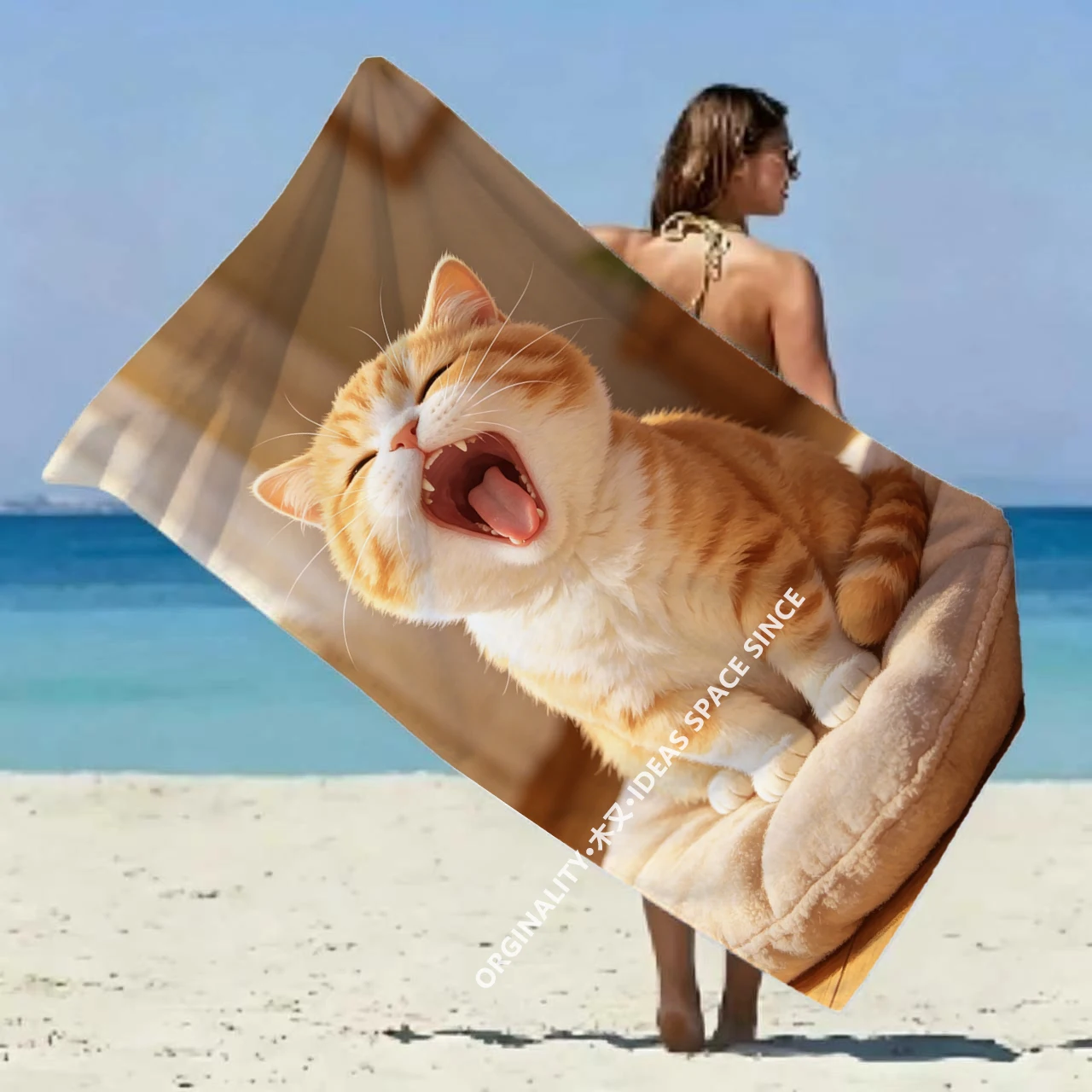Yawning Cute Orange Cat Beach Towel Patterned Sunscreen And Windproof Suitable For Swimming Pool Camping Travel