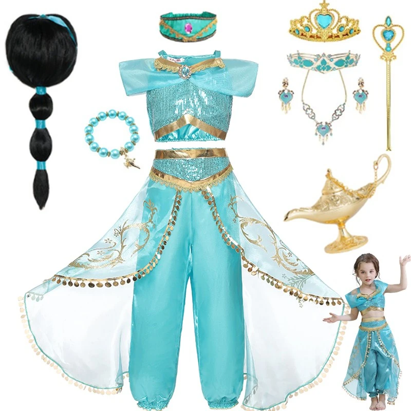 Fancy Girls Cosplay Jasmine Costume Aladdin Princess Dress Kids Magic Lamp Fancy Birthday Party Dresses Jasmine Clothes 3-10Yrs