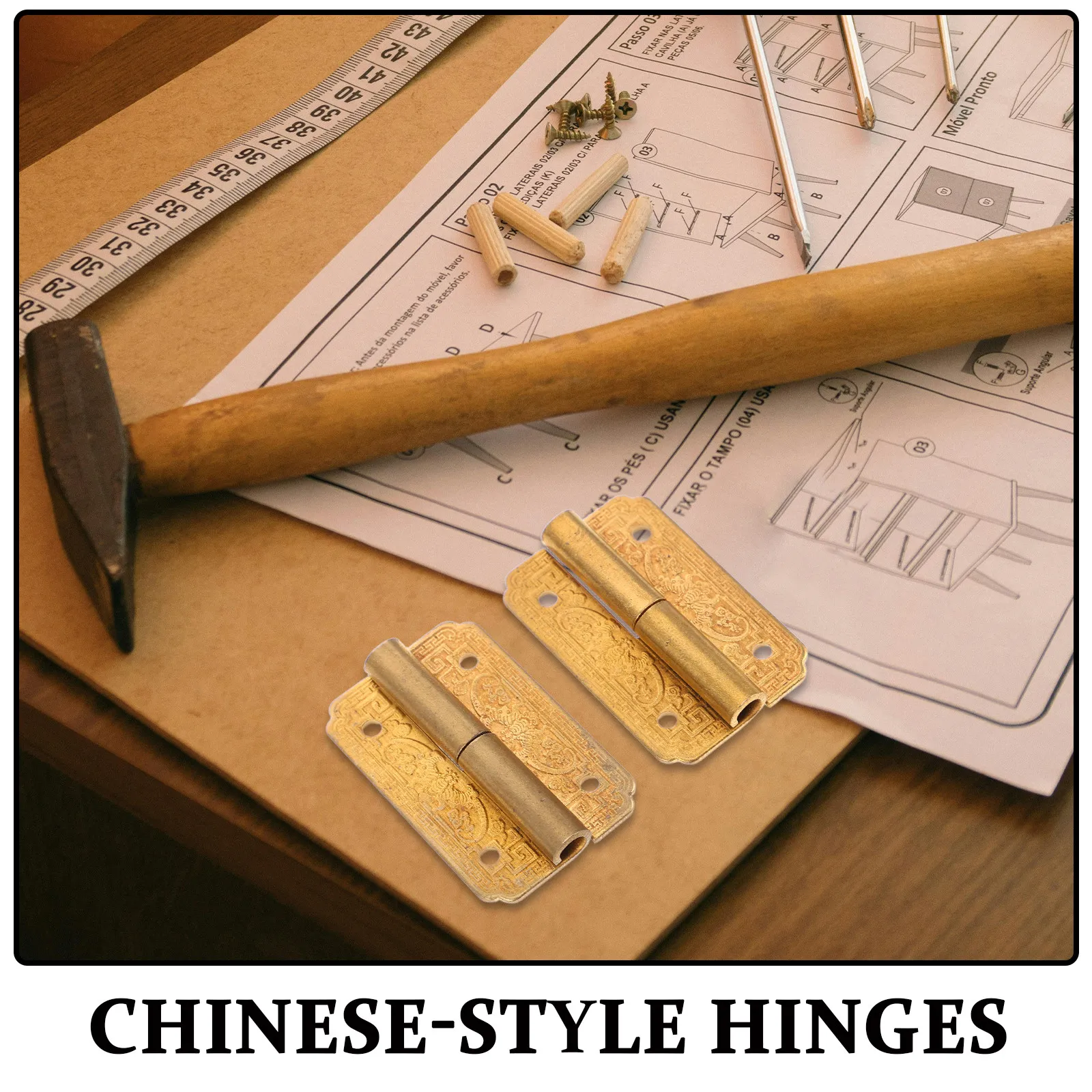 2Pcs Vintage Brass Hinges Chinese Engraved Design for Wooden Boxes Jewelry Chests Cabinet Doors Small Decorative Furniture